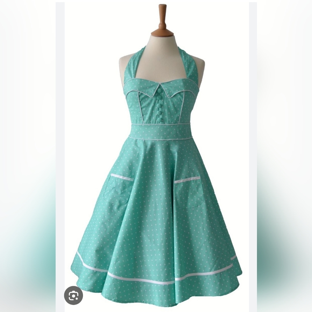 Hell Bunny Teal Polka Dot Halter Midi Dress